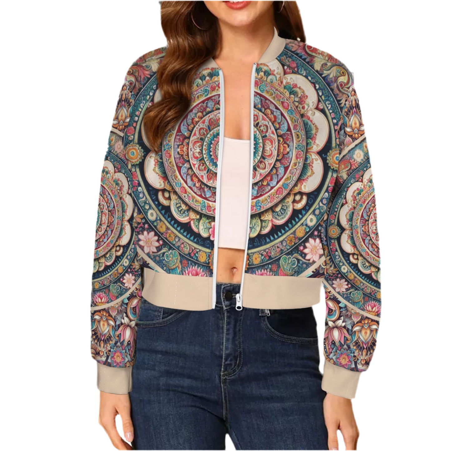 Mandala Casual Long Sleeve Zip-Up Bomber Jacket (short waist)