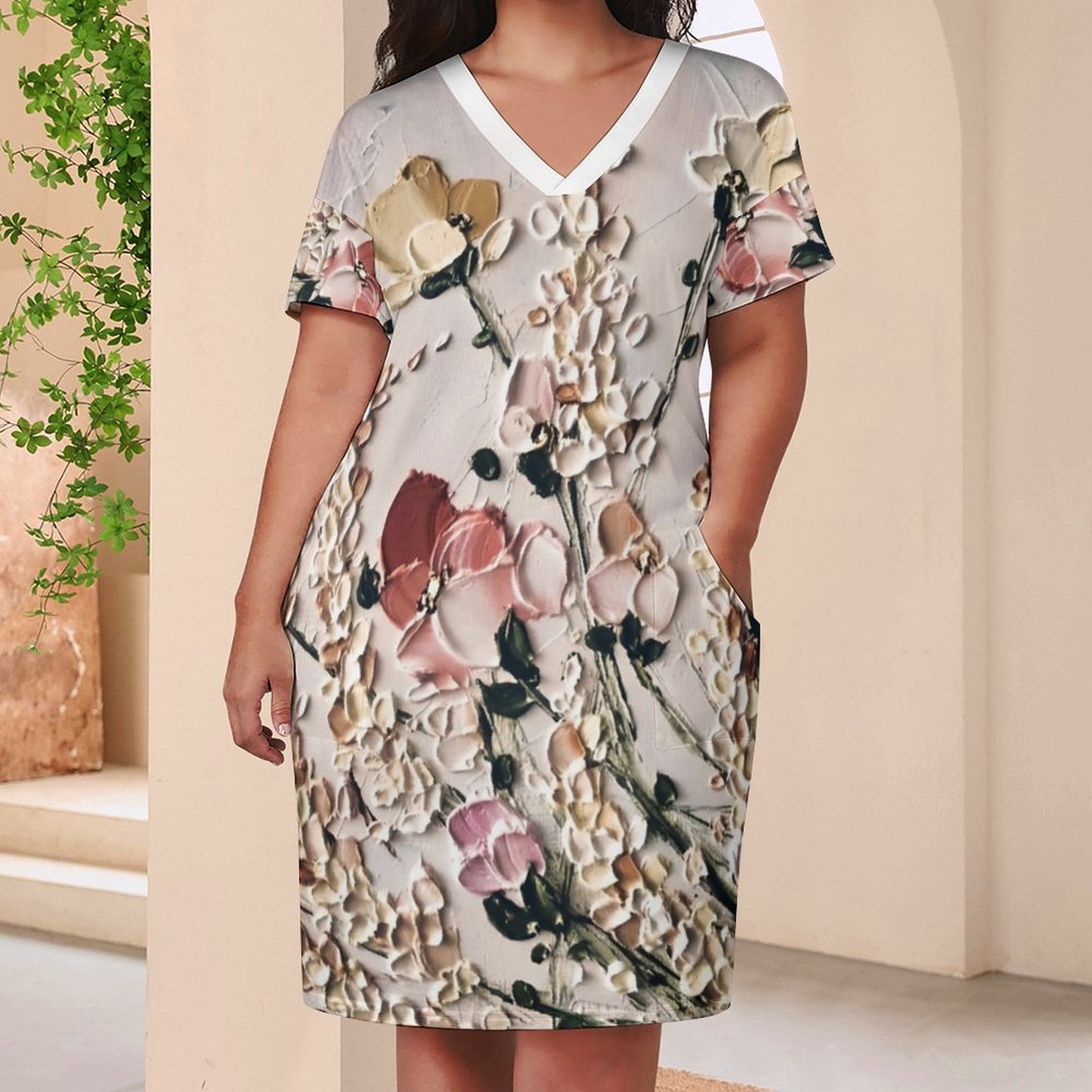 Frosting Flowers V-Neck Baggy Dress with Pocket