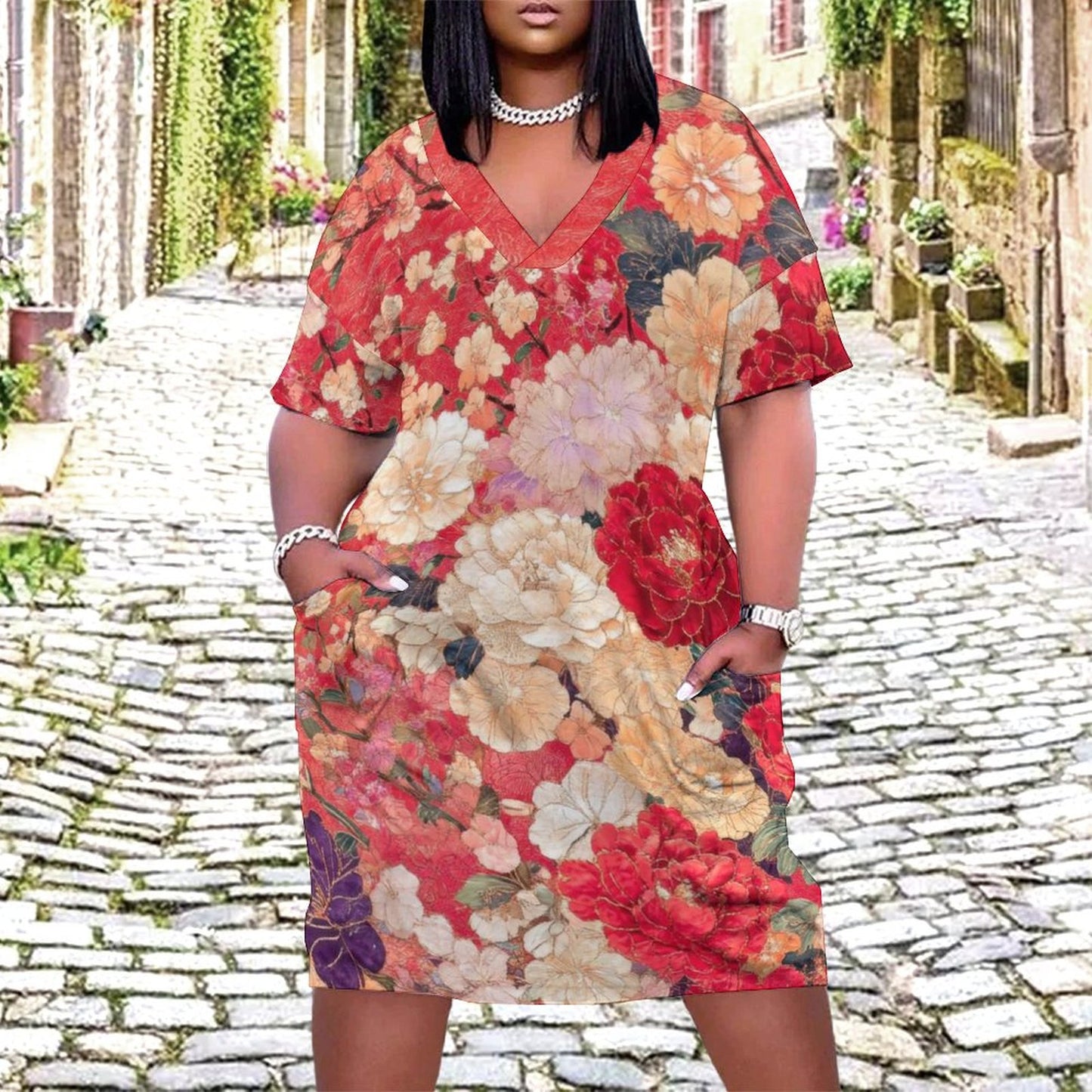 East In Bloom V-Neck Baggy Dress with Pockets