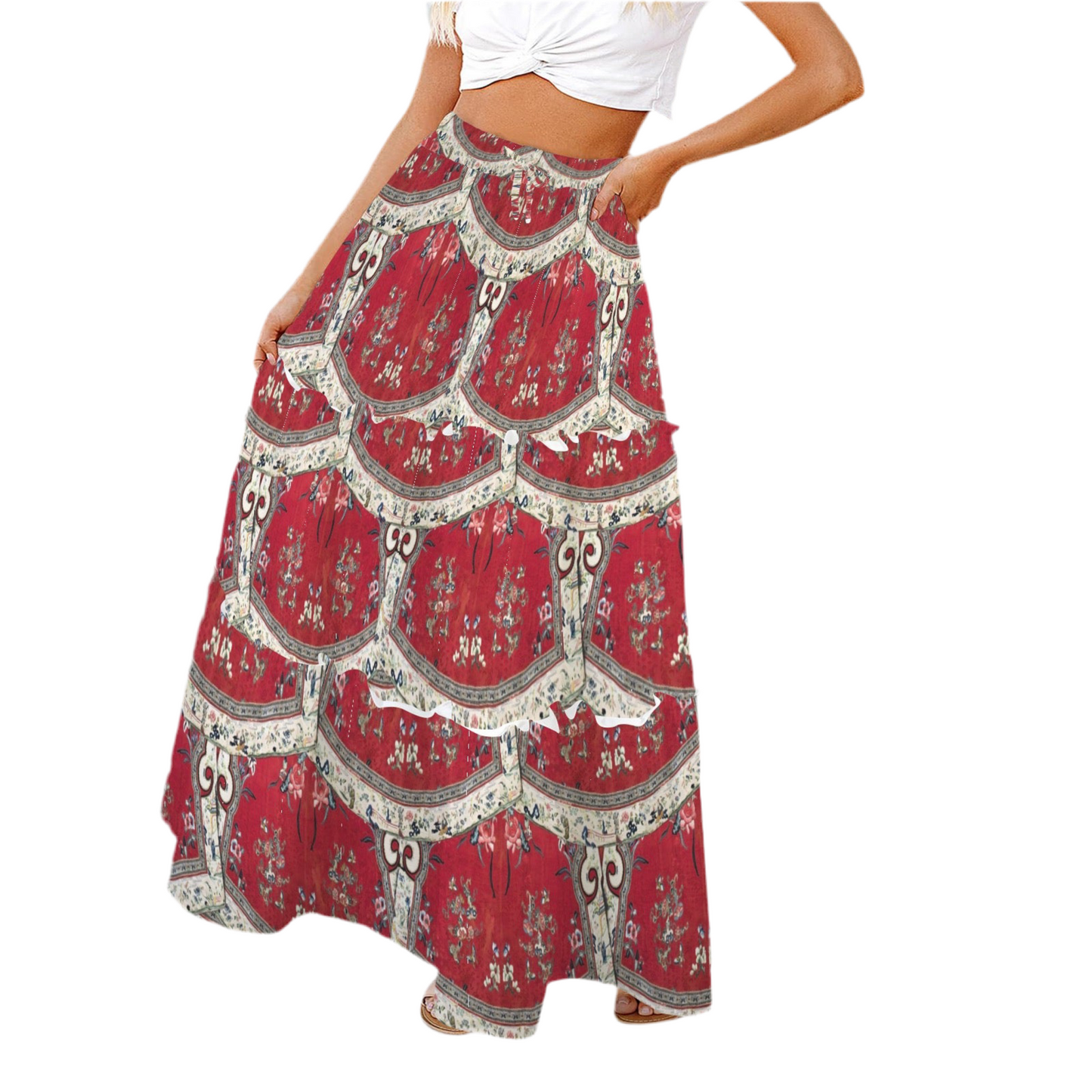 Late 19th Century, Han Chinese Coat Design of Flowers and Butterflies on Tie Front High Waist Frill Hem Maxi Skirt
