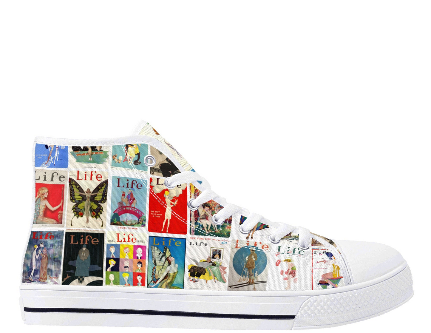 Vintage LIFE Magazine Covers (1924-1929) on Womens High Top Canvas Shoes - Customized Tongue