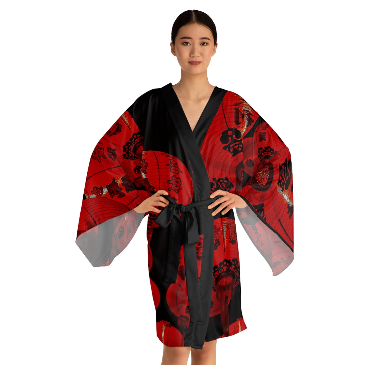 Red Chinese Lanterns Long Sleeve Kimono Robe