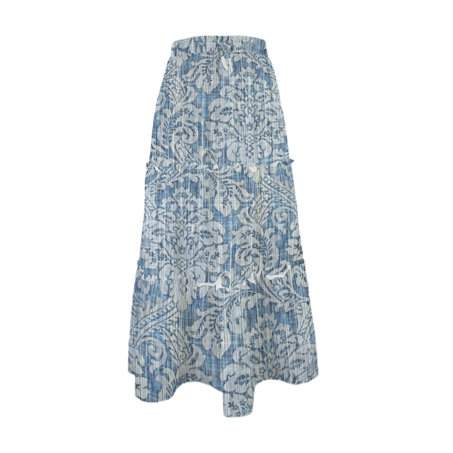 Rococo Denim Tie Front High Waist Frill Hem Maxi Skirt