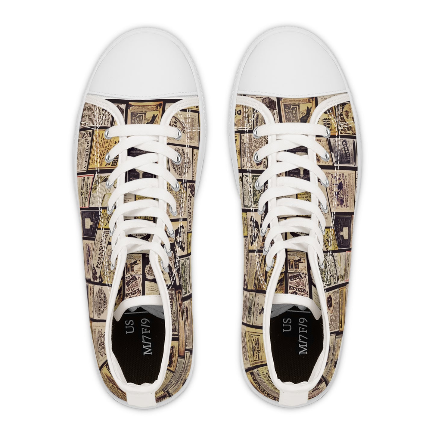 Old Time Remedies Vintage Newspaper Print High Top Sneakers for Women