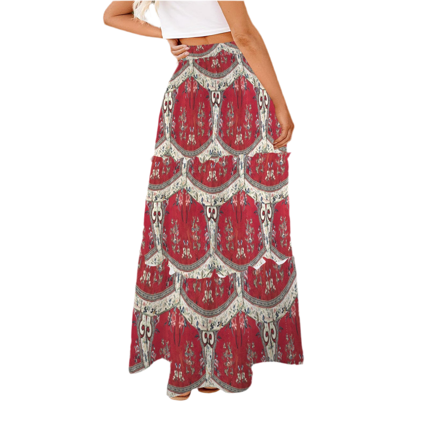 Late 19th Century, Han Chinese Coat Design of Flowers and Butterflies on Tie Front High Waist Frill Hem Maxi Skirt