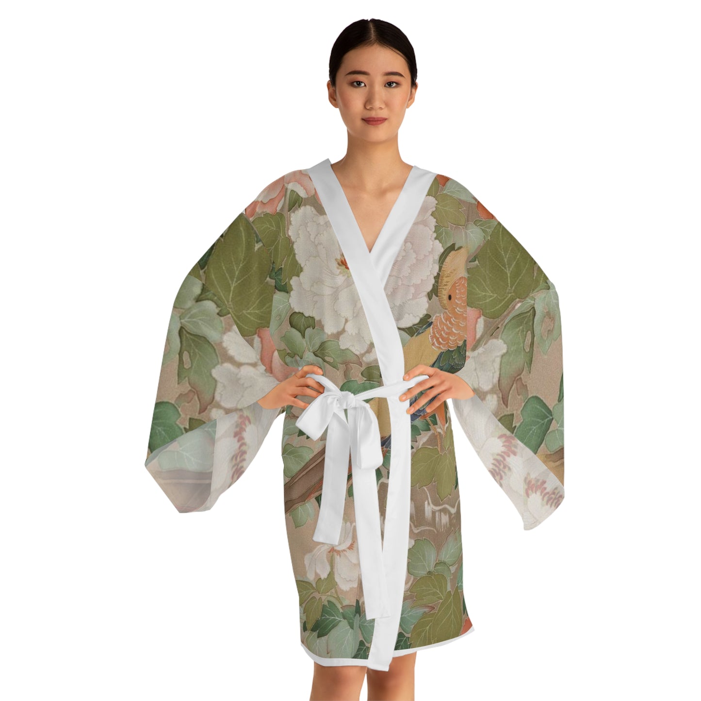 Early 19th Century Kimono, Pheasants amid Peonies-Authentic 19th Century Japanese Kimono Print on Long Sleeve Kimono Robe