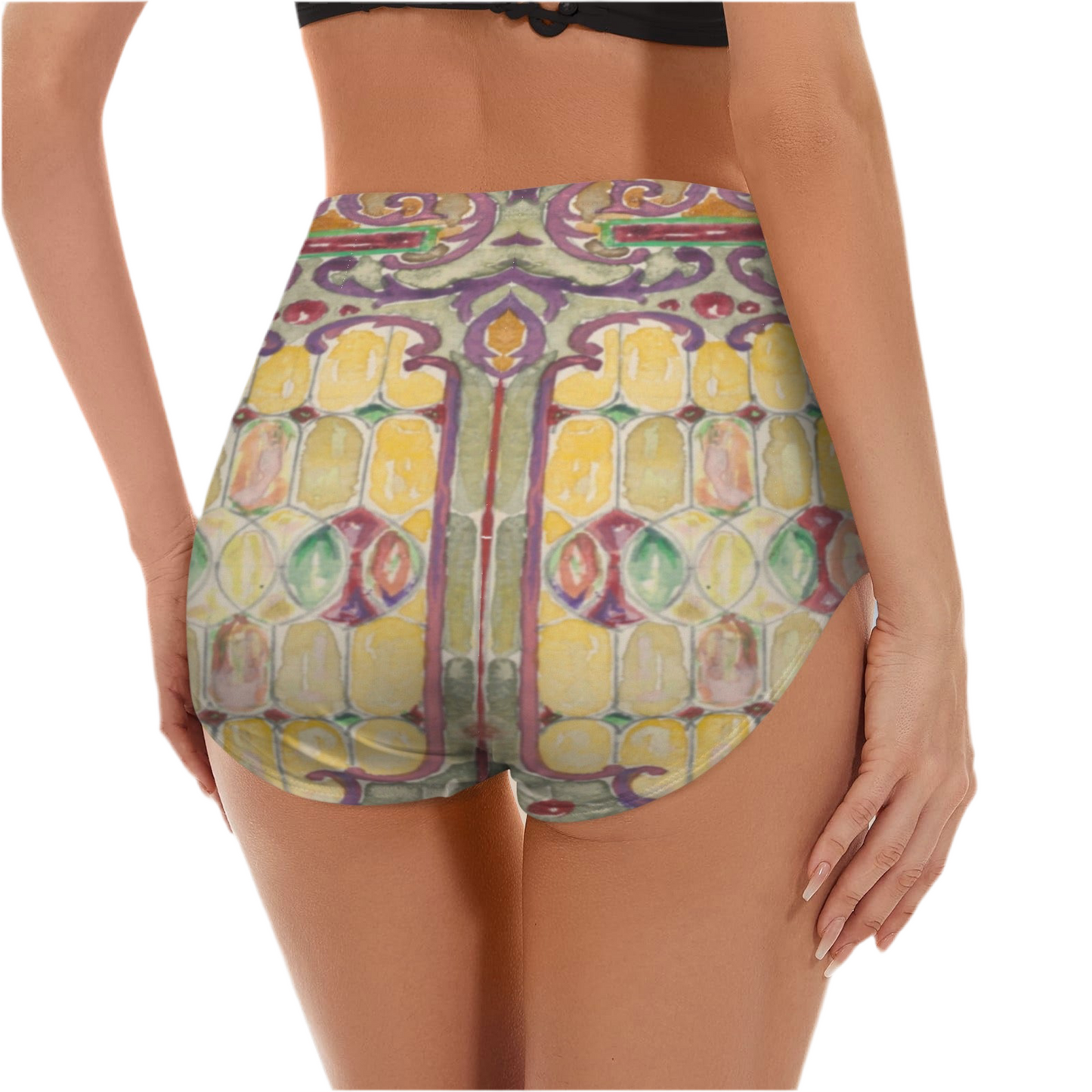 Watercolor Stained Glass design by Alice Cordelia Morse on High-Waisted Bikini Bottom