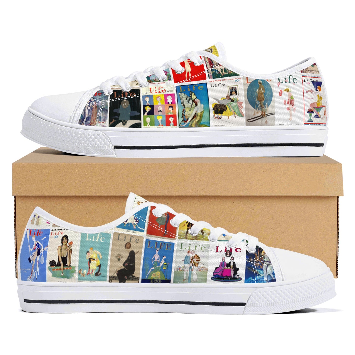 Vintage LIFE Magazine Covers (1924-1929) Womens Low Top Canvas Shoes - Customized Tongue