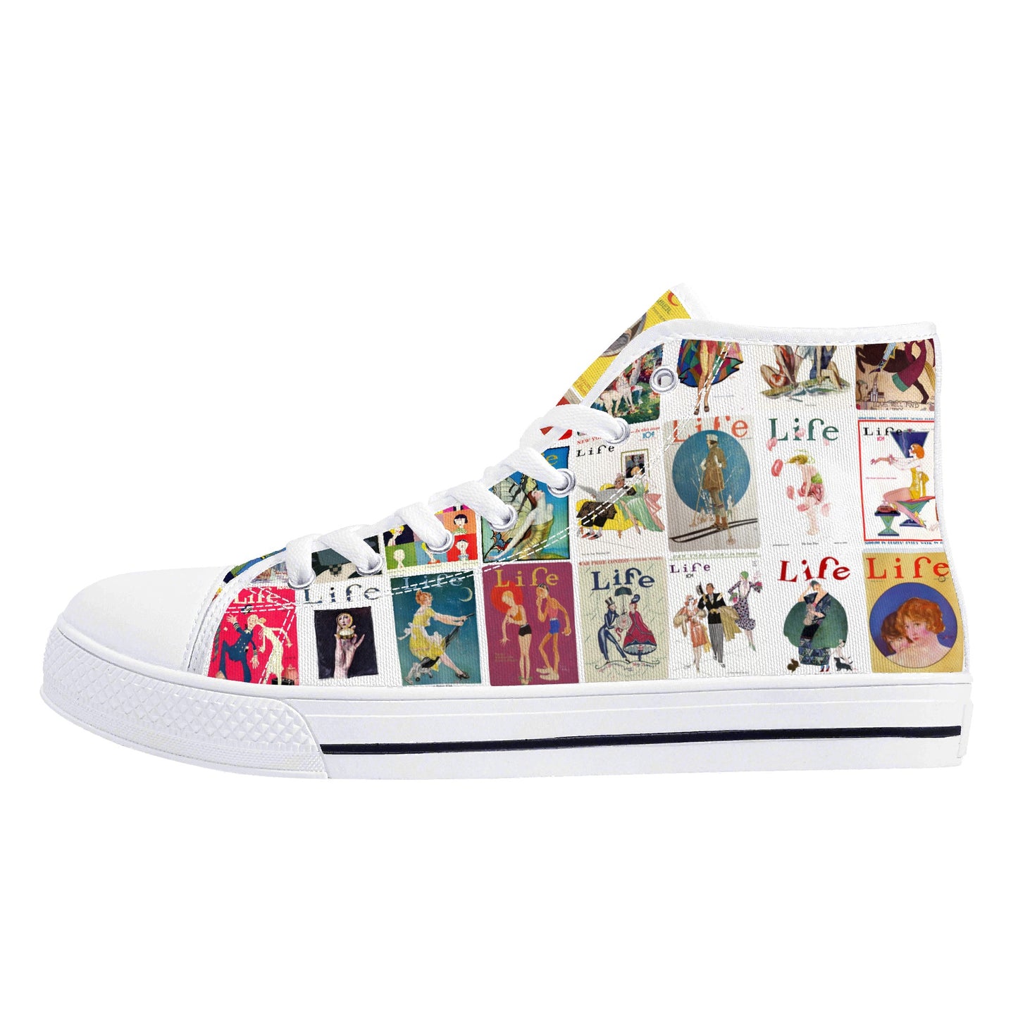 Vintage LIFE Magazine Covers (1924-1929) on Womens High Top Canvas Shoes - Customized Tongue