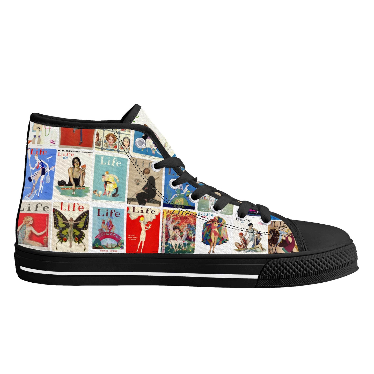 Vintage LIFE Magazine Covers (1924-1929) on Womens High Top Canvas Shoes - Customized Tongue