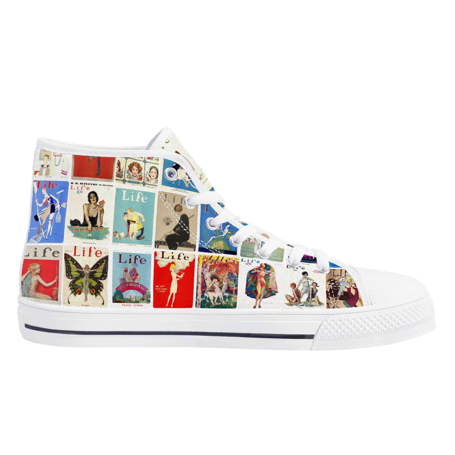 Vintage LIFE Magazine Covers (1924-1929) on Womens High Top Canvas Shoes - Customized Tongue