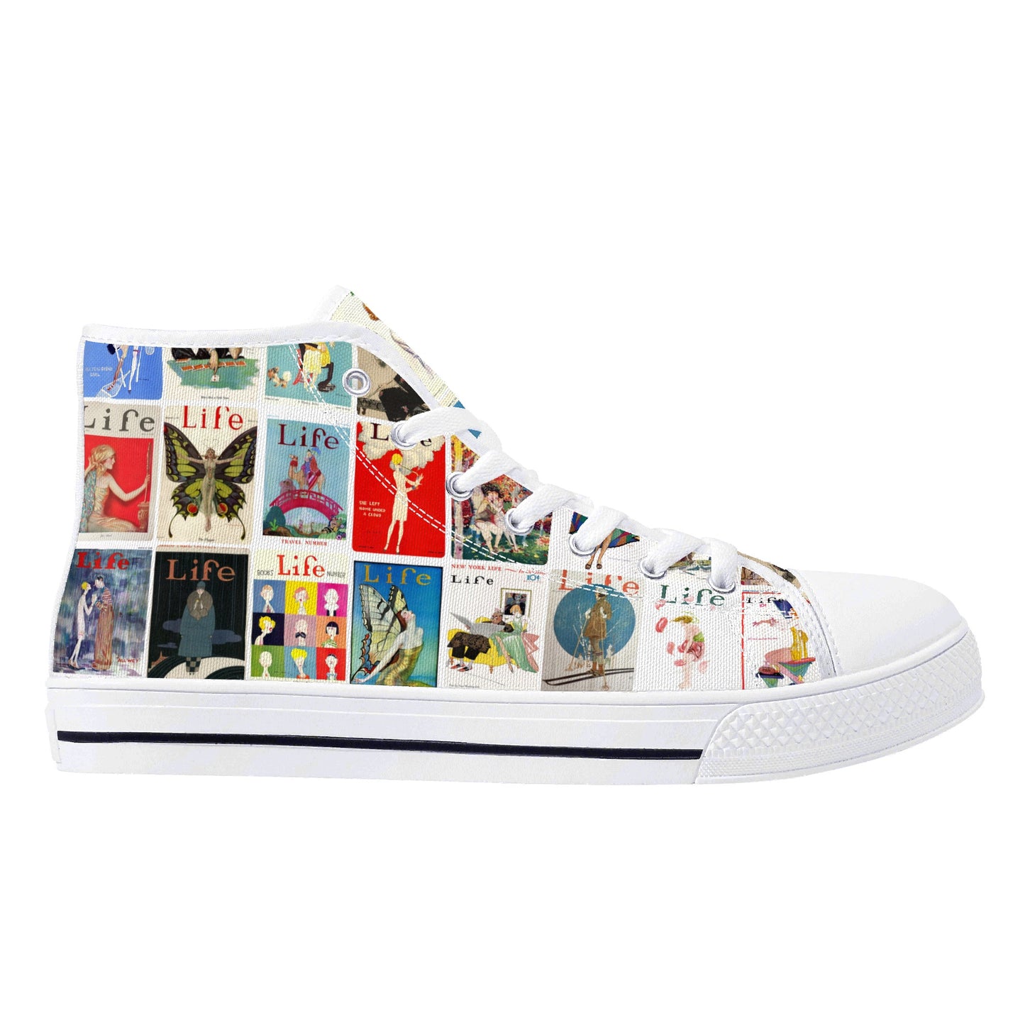Vintage LIFE Magazine Covers (1924-1929) on Womens High Top Canvas Shoes - Customized Tongue