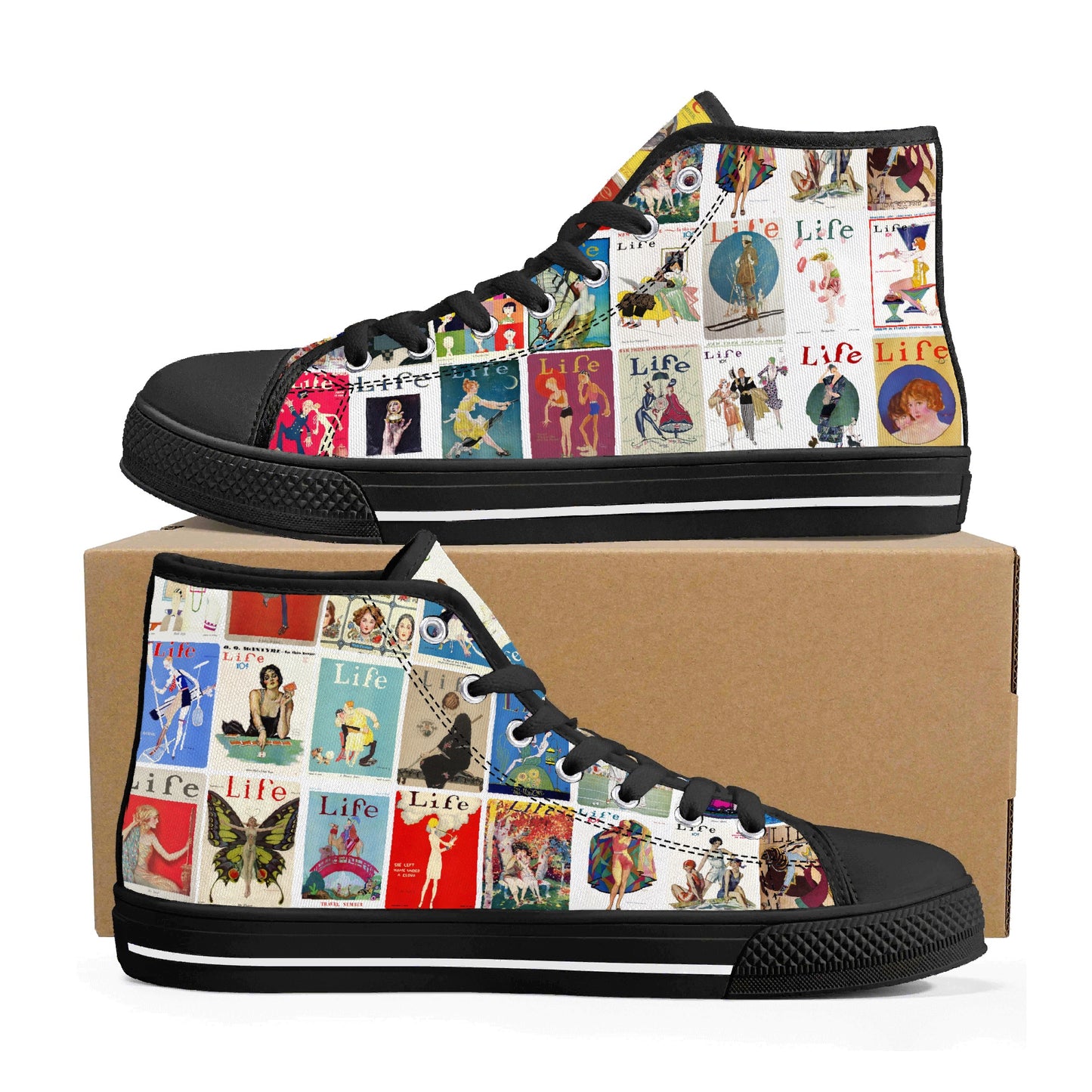 Vintage LIFE Magazine Covers (1924-1929) on Womens High Top Canvas Shoes - Customized Tongue