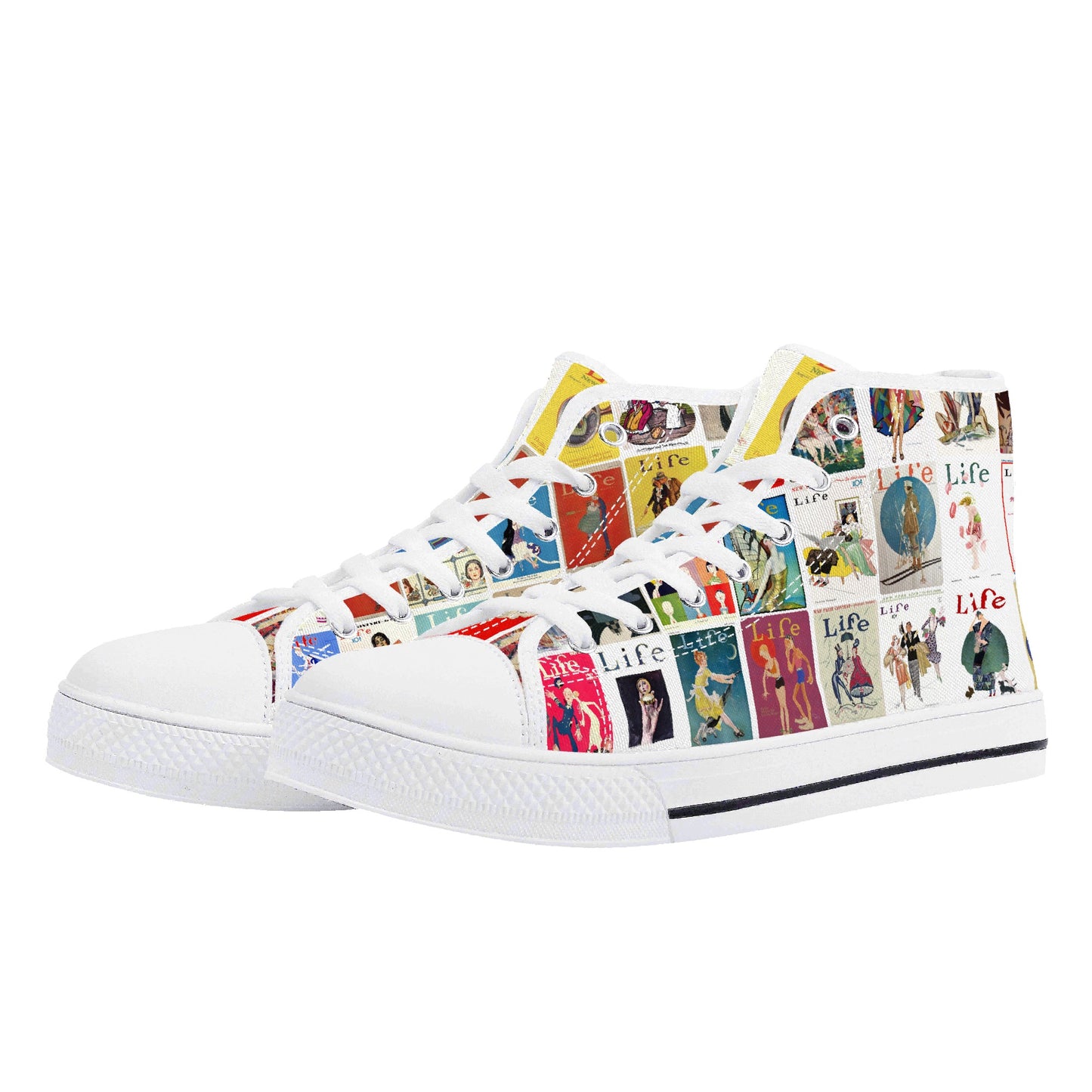 Vintage LIFE Magazine Covers (1924-1929) on Womens High Top Canvas Shoes - Customized Tongue