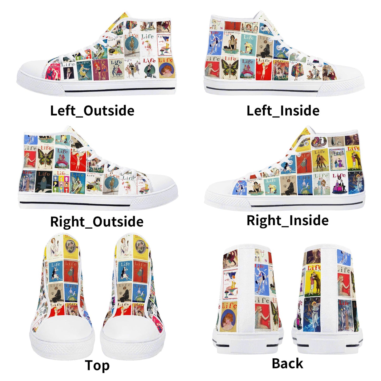 Vintage LIFE Magazine Covers (1924-1929) on Womens High Top Canvas Shoes - Customized Tongue