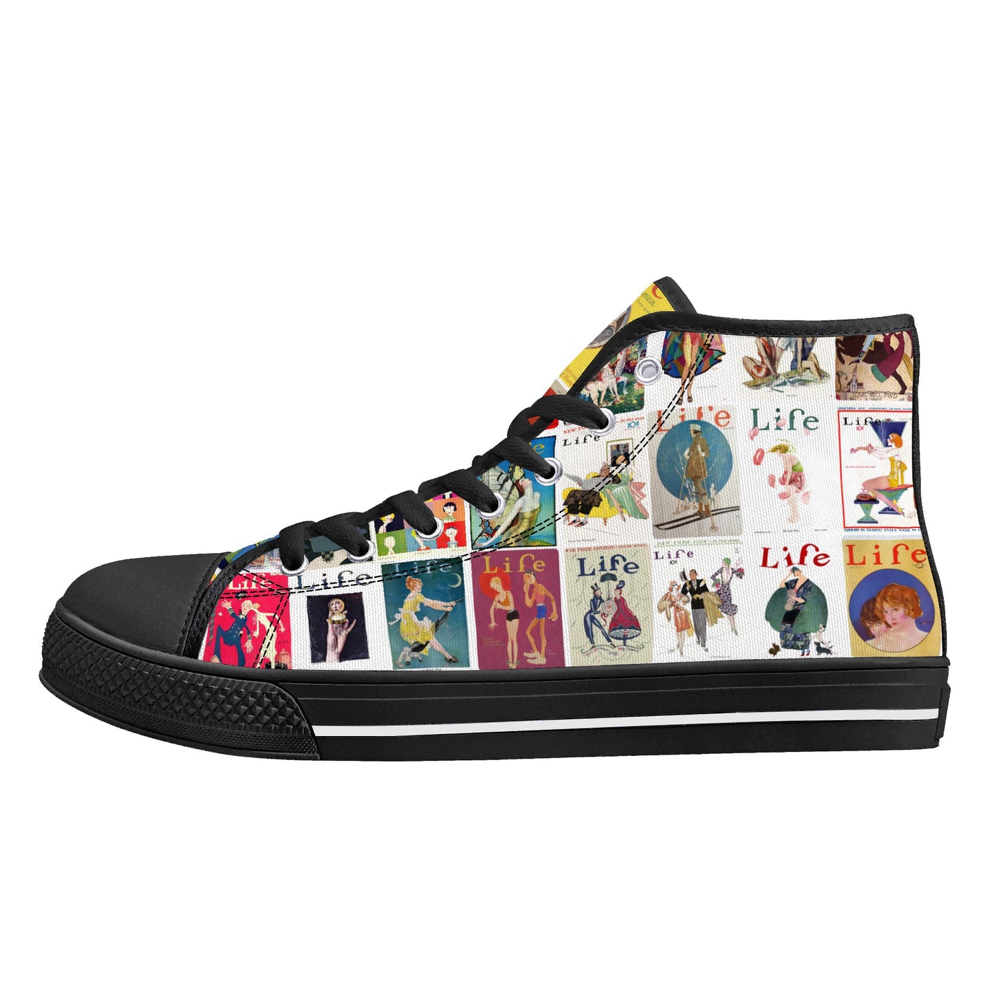 Vintage LIFE Magazine Covers (1924-1929) on Womens High Top Canvas Shoes - Customized Tongue