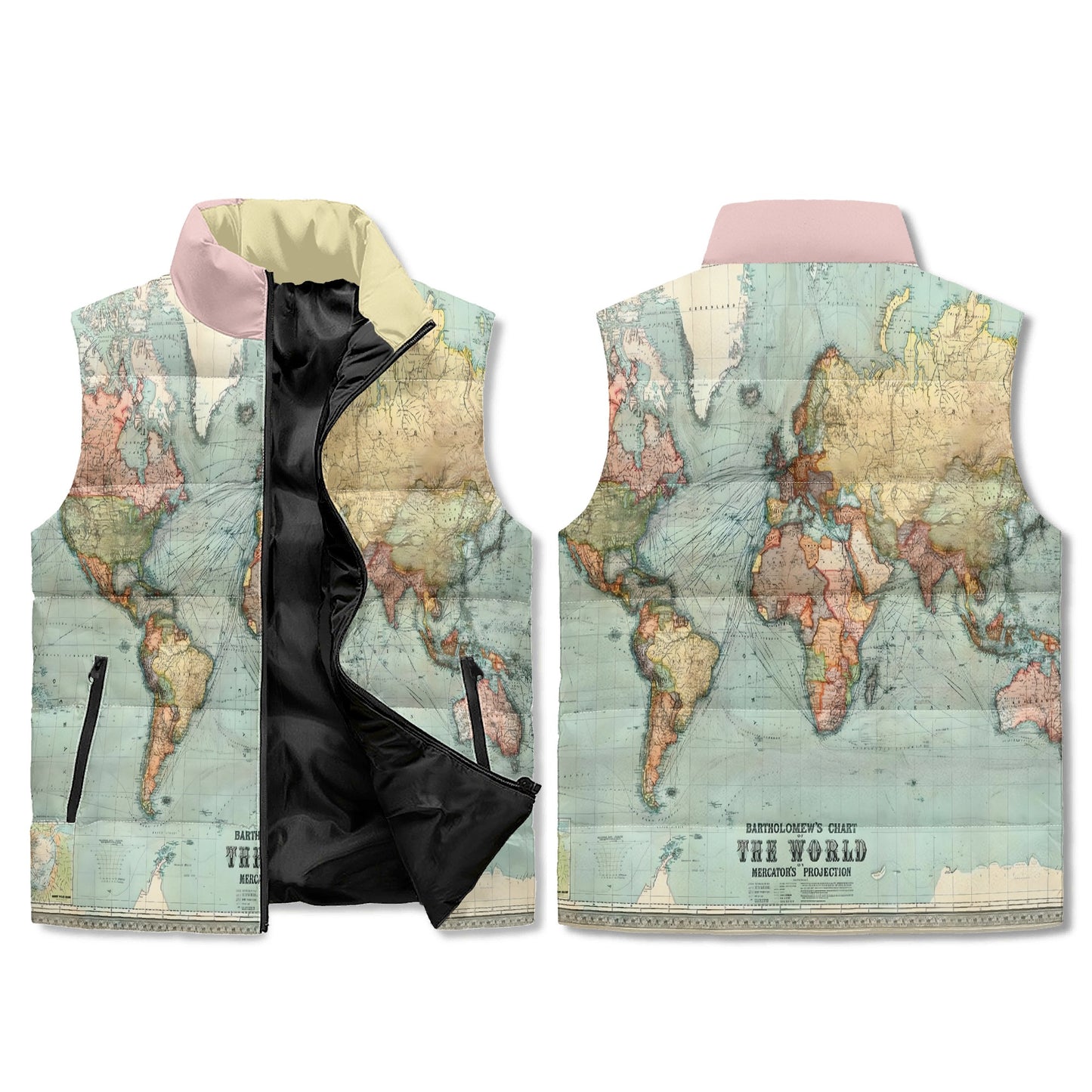 Bartholomews Chart of the World on Mercators Projection (1914), Unisex Lightweight Stand Collar Zip Up Puffer Vest