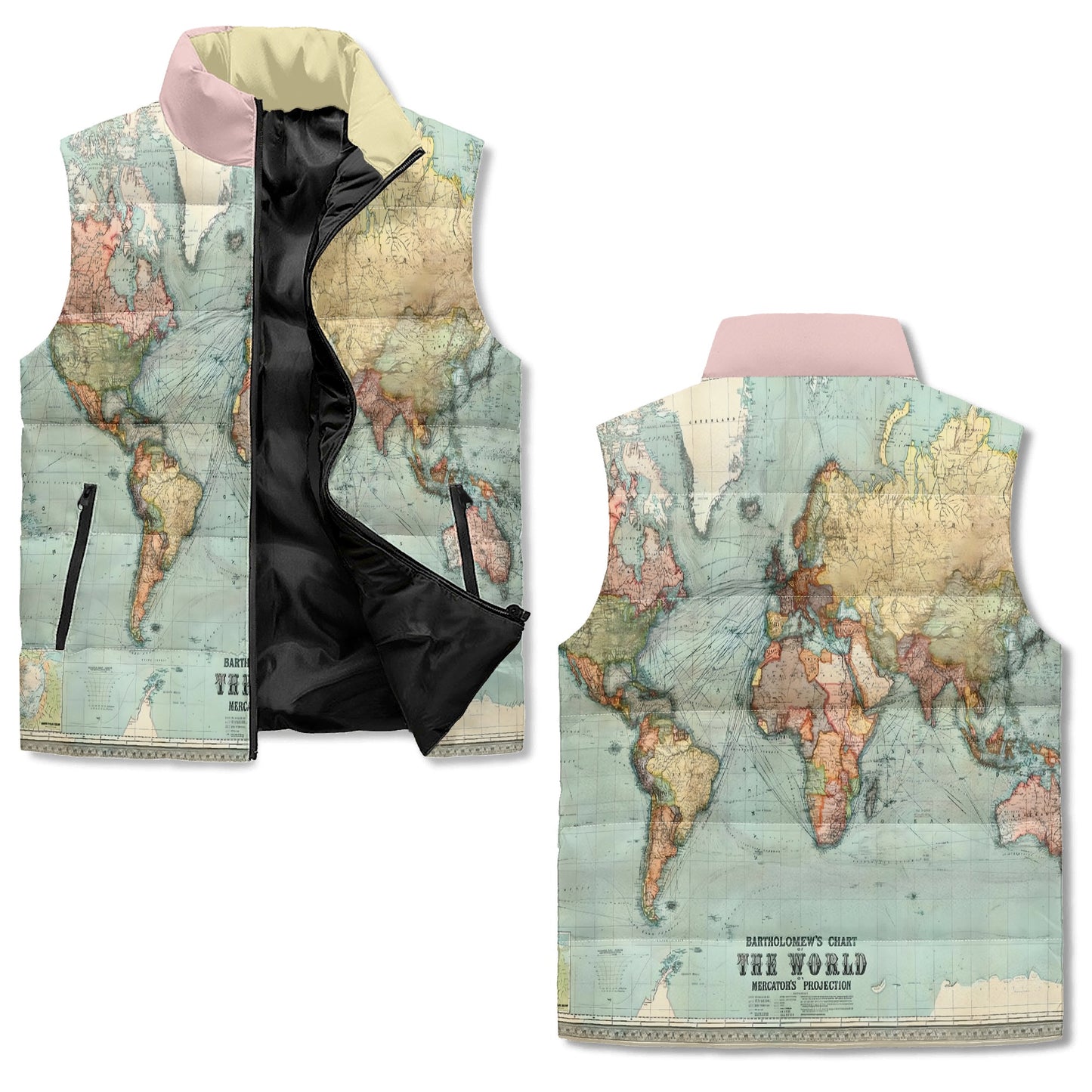 Bartholomews Chart of the World on Mercators Projection (1914), Unisex Lightweight Stand Collar Zip Up Puffer Vest