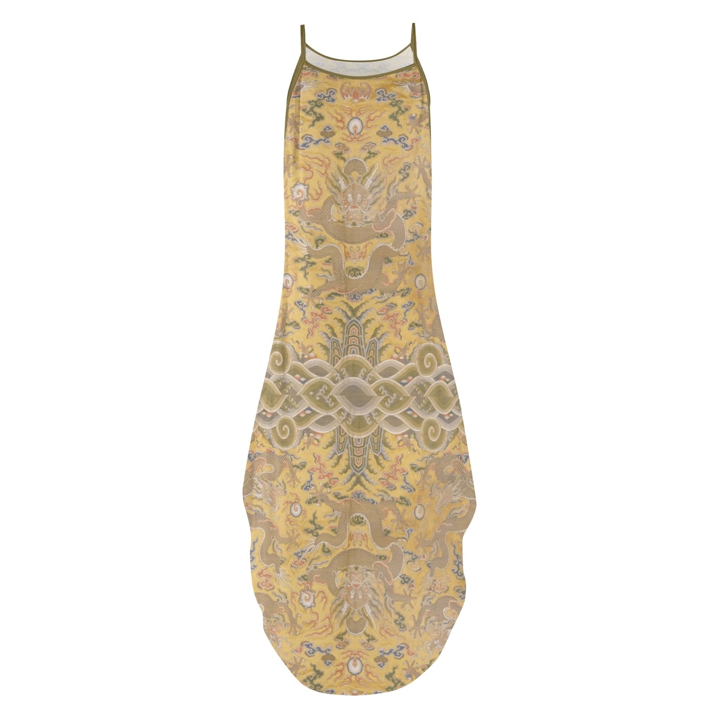19th Century Chinese Yellow Imperial Print Women’s Elegant Sleeveless Evening Dress