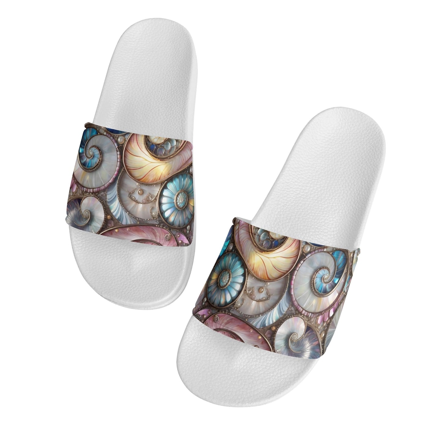Opalescent Sea Shells, Womens PVC Black and White House Slides Sandals Bathroom Slippers