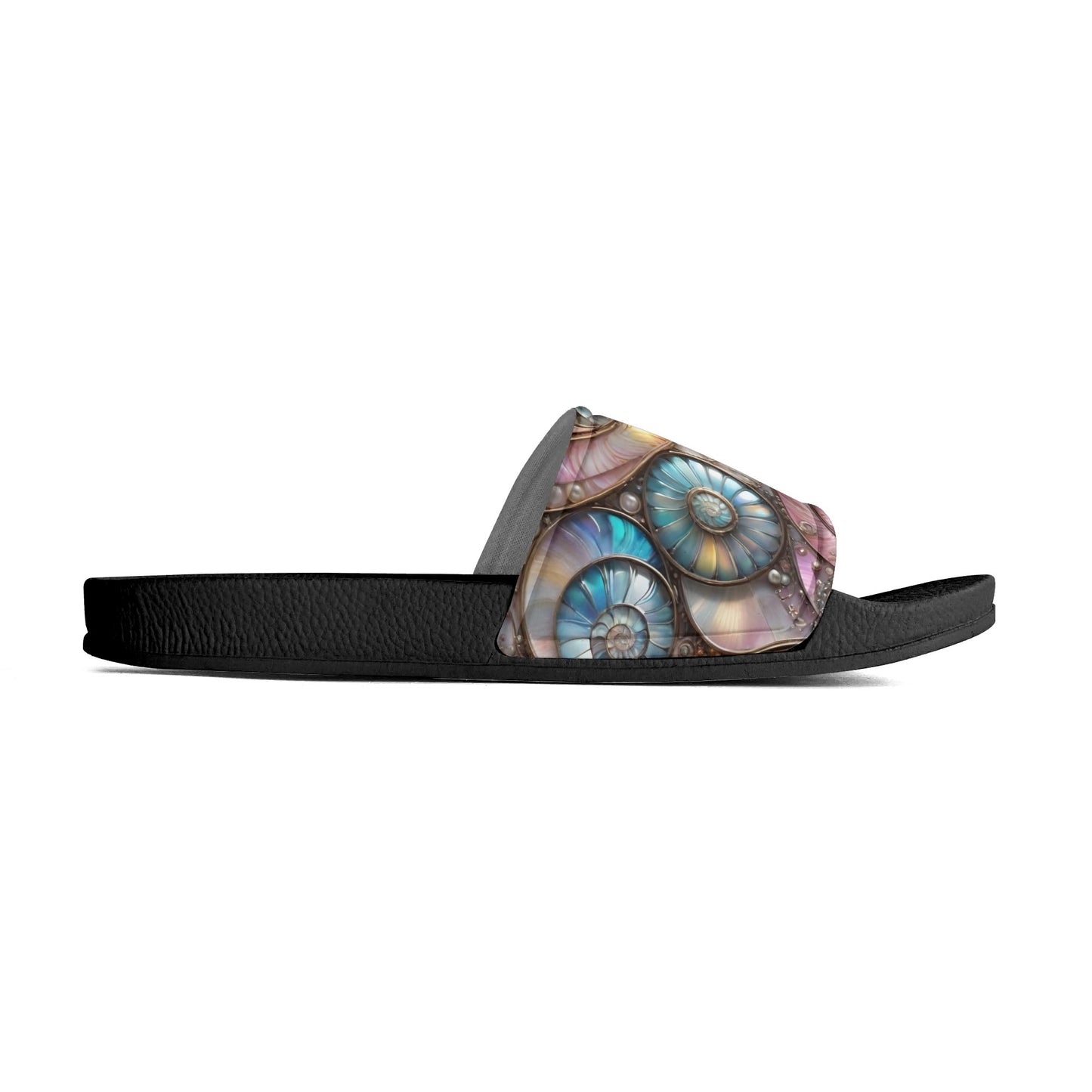 Opalescent Sea Shells, Womens PVC Black and White House Slides Sandals Bathroom Slippers