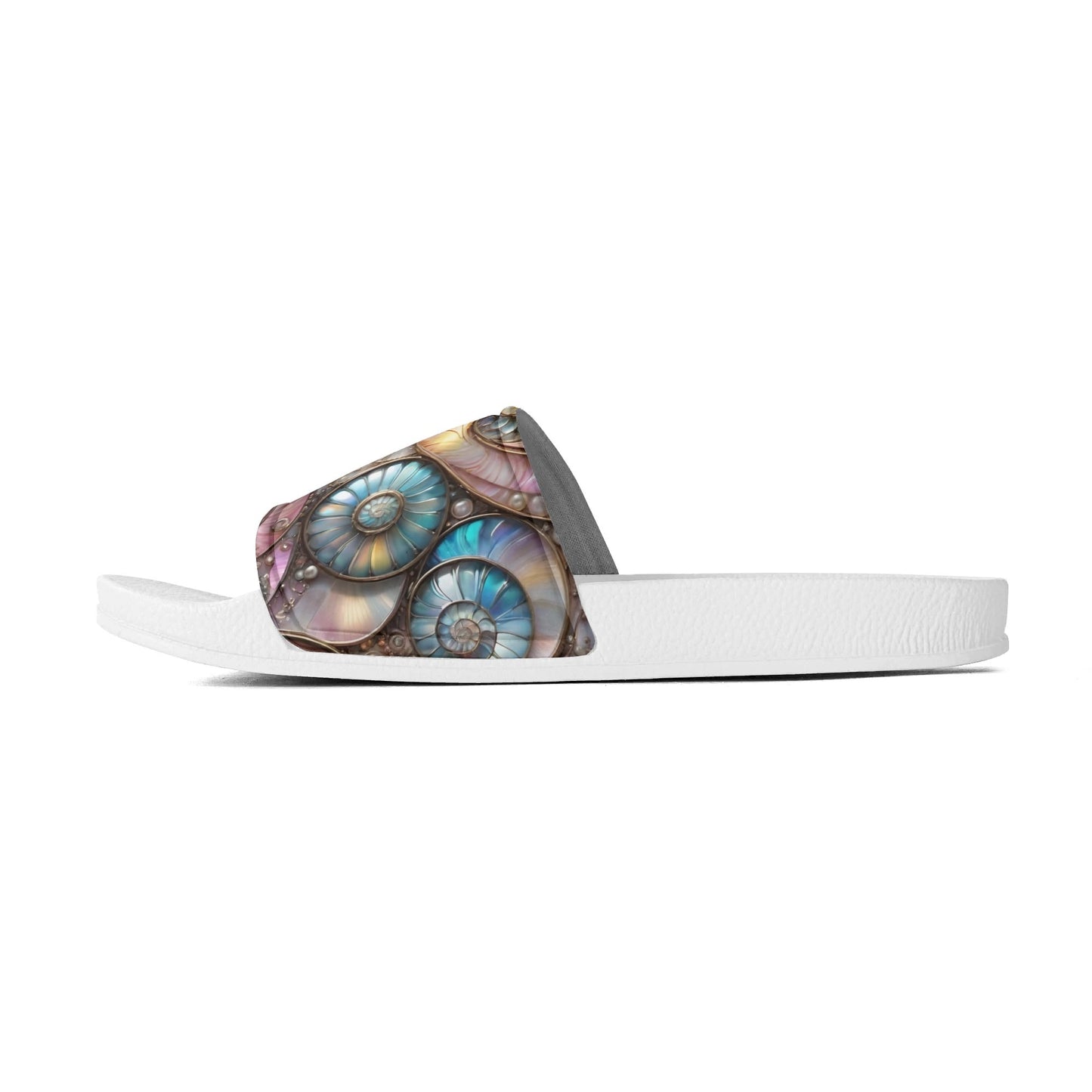 Opalescent Sea Shells, Womens PVC Black and White House Slides Sandals Bathroom Slippers