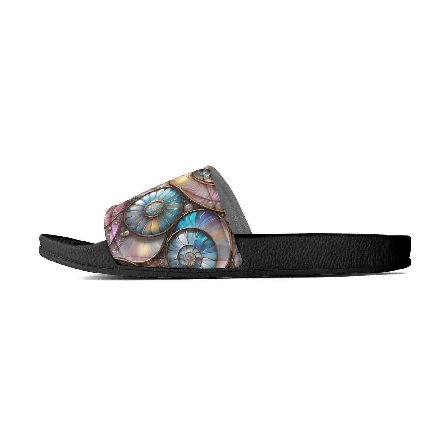 Opalescent Sea Shells, Womens PVC Black and White House Slides Sandals Bathroom Slippers