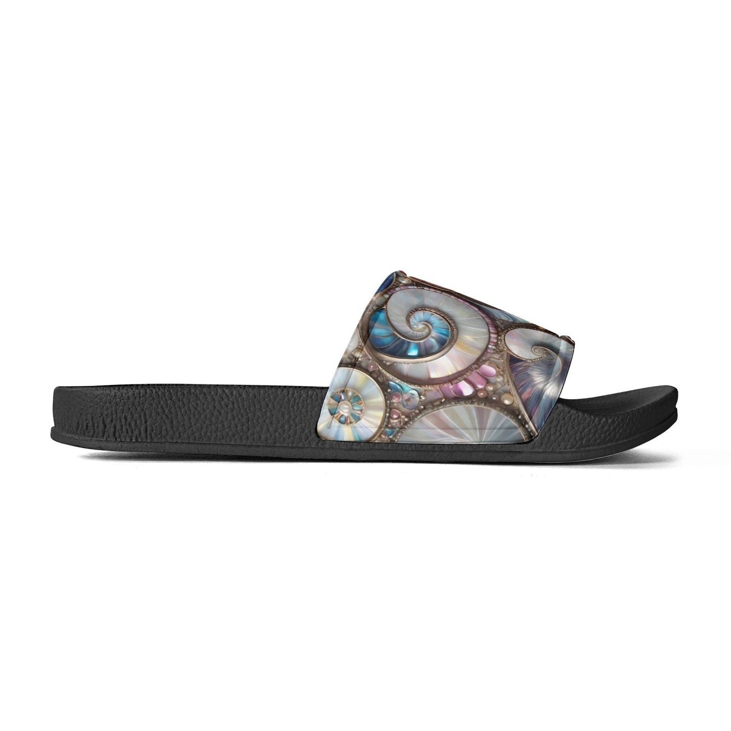 Opalescent Sea Shells, Womens PVC Black and White House Slides Sandals Bathroom Slippers