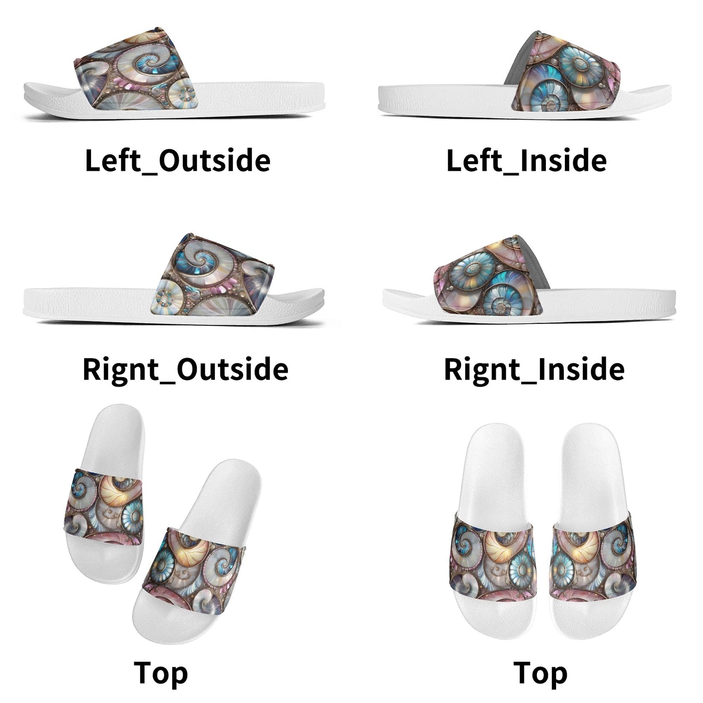 Opalescent Sea Shells, Womens PVC Black and White House Slides Sandals Bathroom Slippers