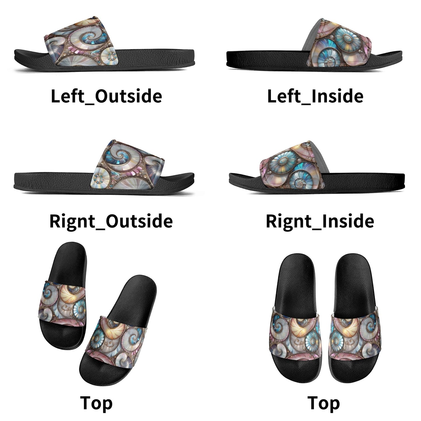 Opalescent Sea Shells, Womens PVC Black and White House Slides Sandals Bathroom Slippers