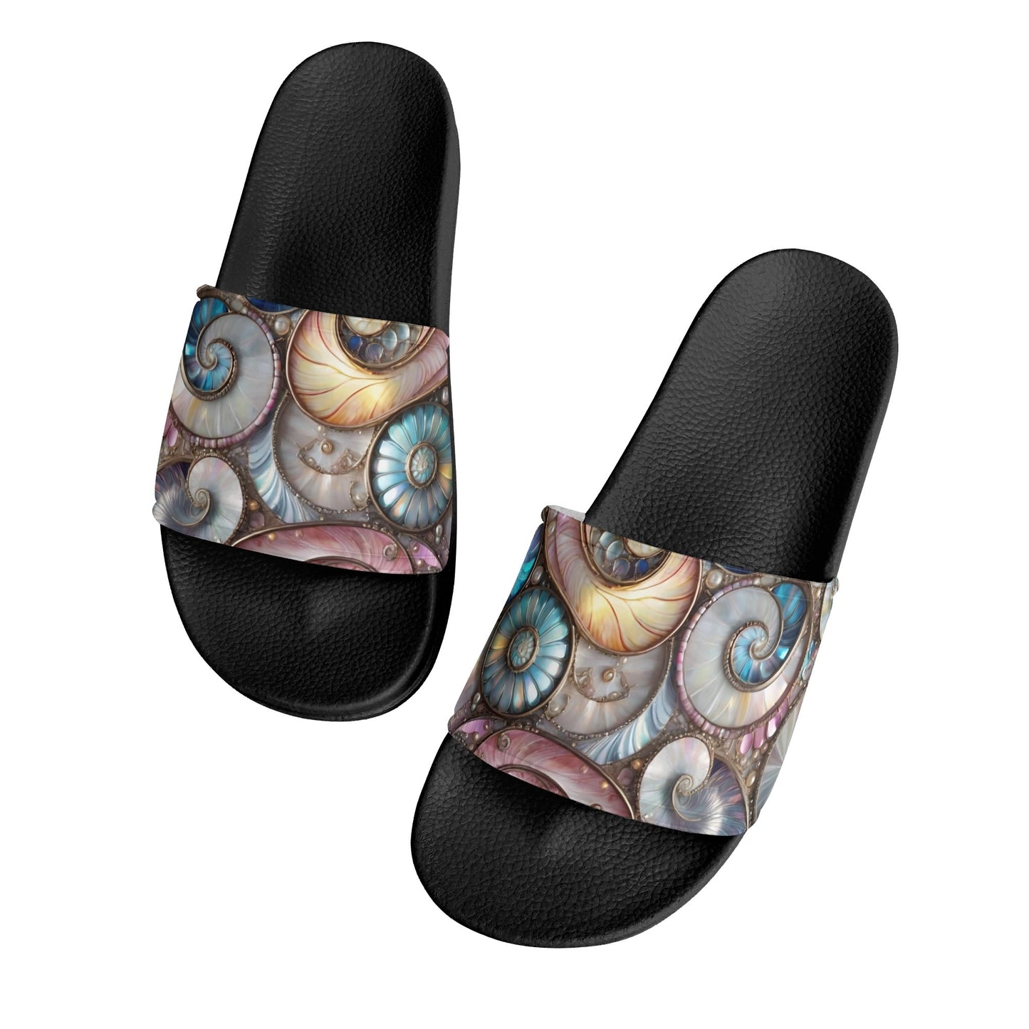 Opalescent Sea Shells, Womens PVC Black and White House Slides Sandals Bathroom Slippers