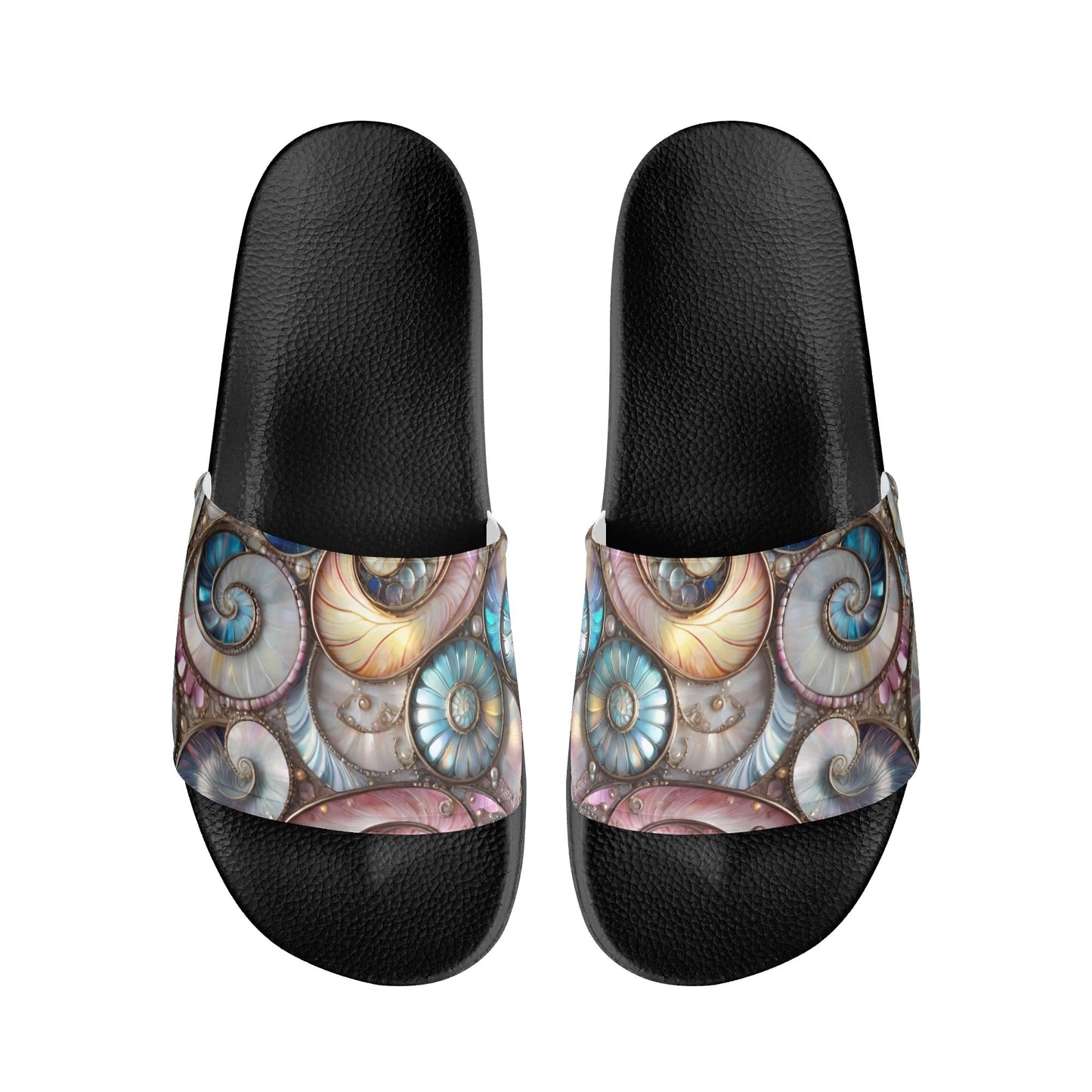 Opalescent Sea Shells, Womens PVC Black and White House Slides Sandals Bathroom Slippers