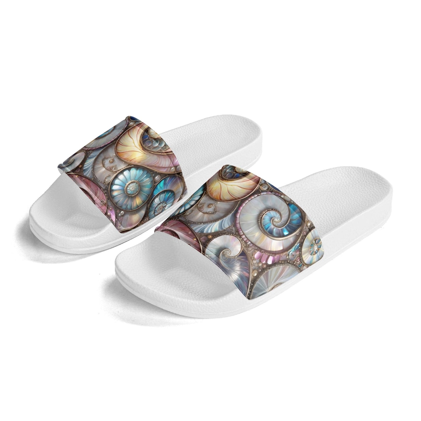 Opalescent Sea Shells, Womens PVC Black and White House Slides Sandals Bathroom Slippers