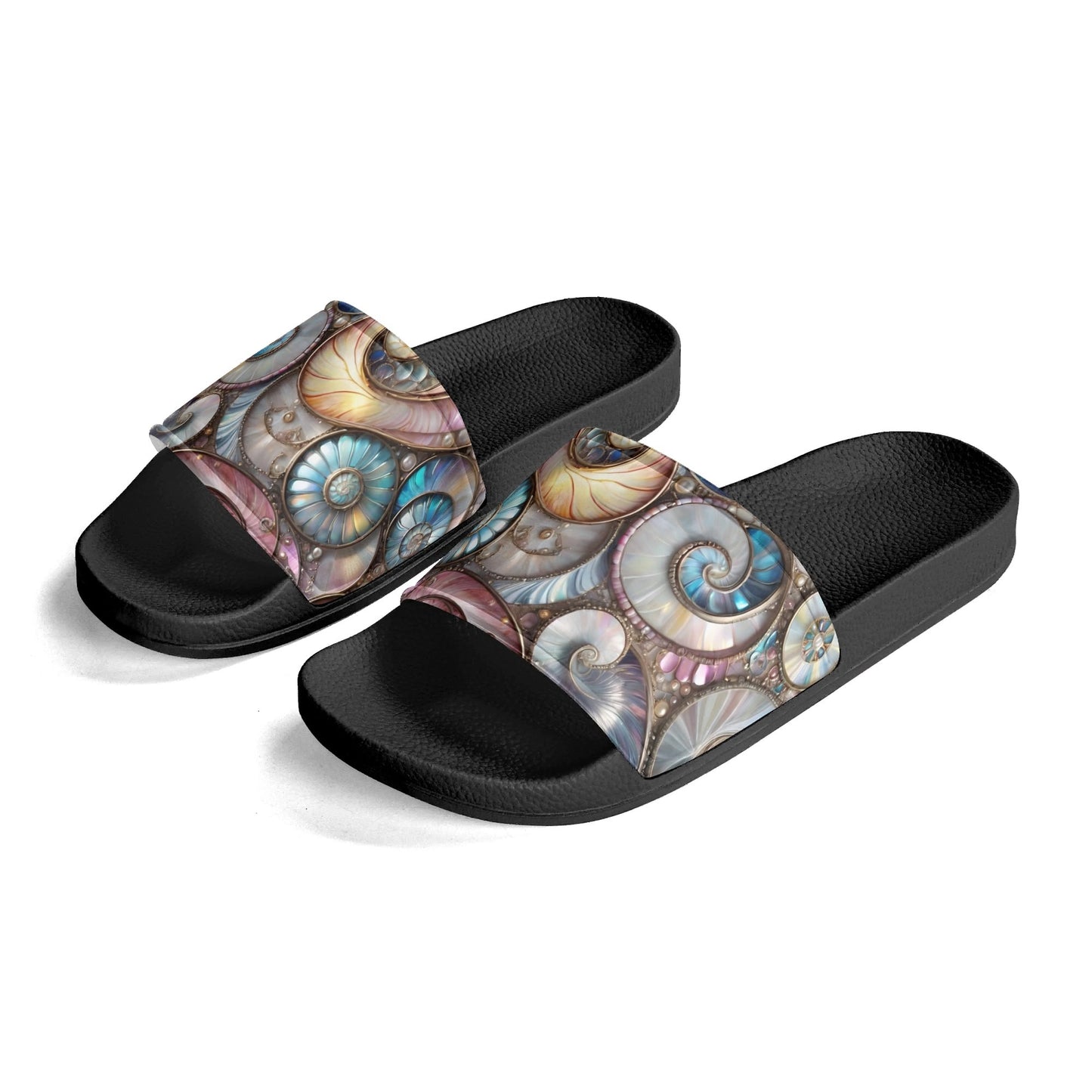 Opalescent Sea Shells, Womens PVC Black and White House Slides Sandals Bathroom Slippers