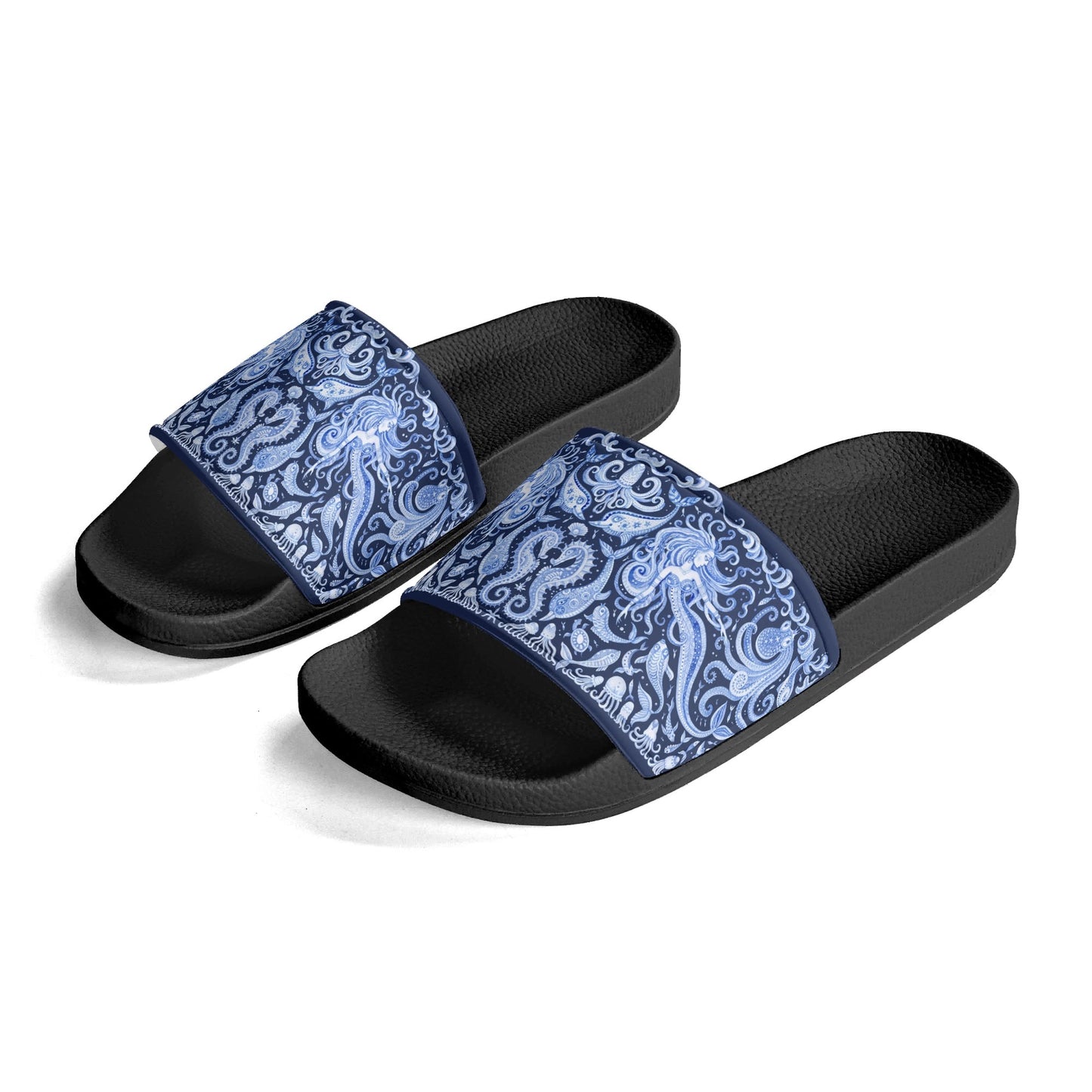 Under the Sea (blue & white) Womens PVC Black and White House Slides Sandals Bathroom Slippers