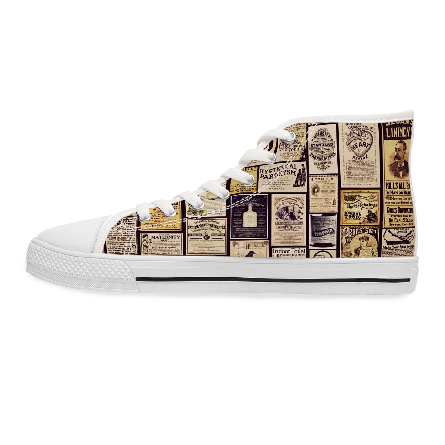 Old Time Remedies Vintage Newspaper Print High Top Sneakers for Women