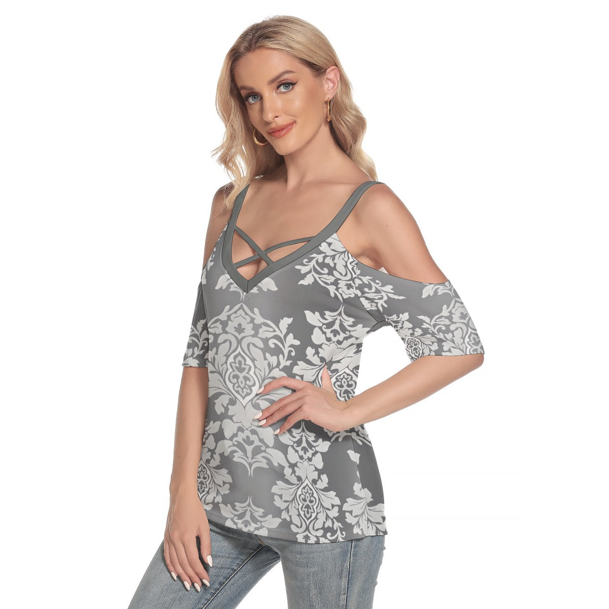 Platinum Rococo Women's Cold Shoulder T-shirt With Criss Cross Strips