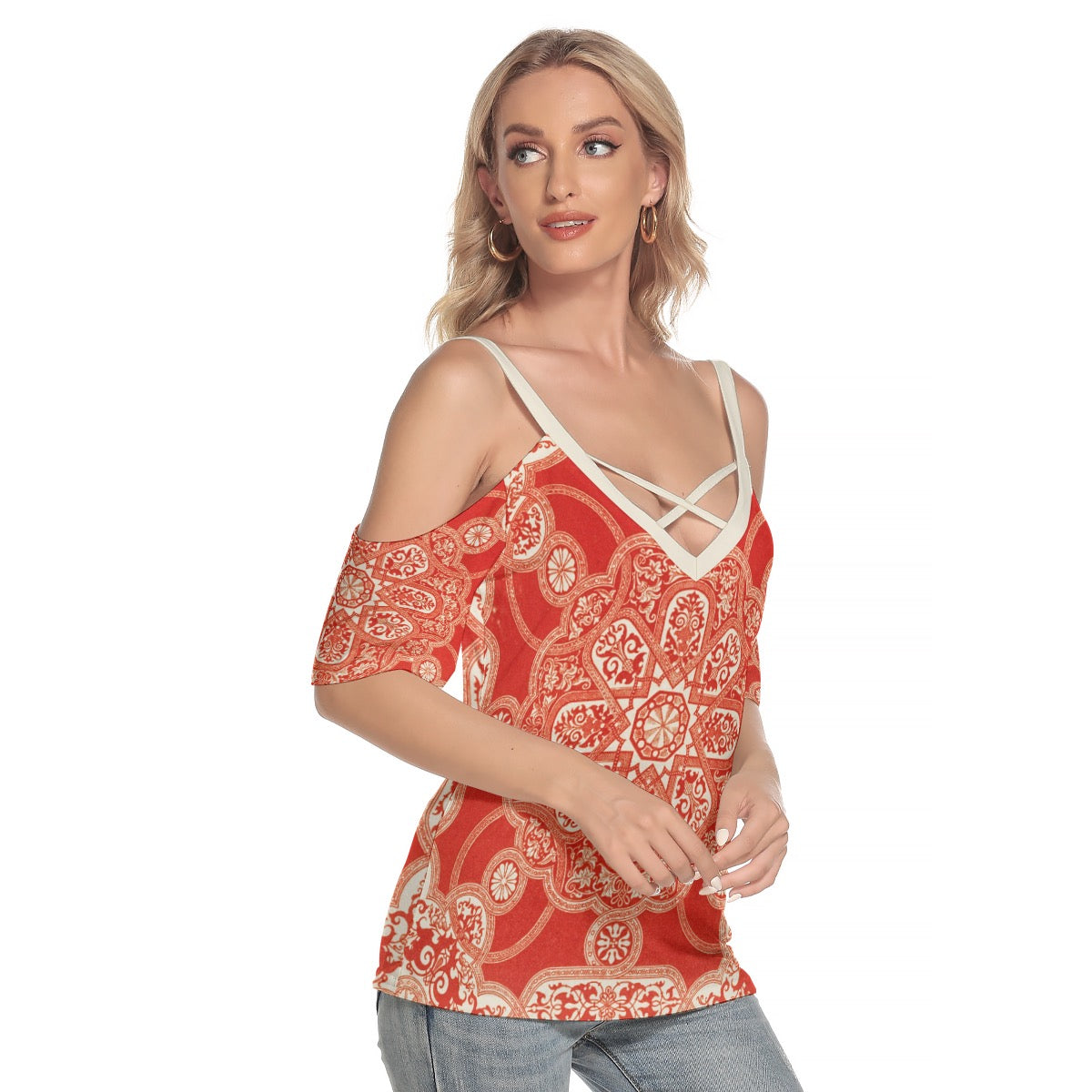 Sir Matthew Digby Wyatt Table cover from the Industrial arts of the Nineteenth Century (1851-1853) Women's Cold Shoulder T-shirt With Criss Cross Strips