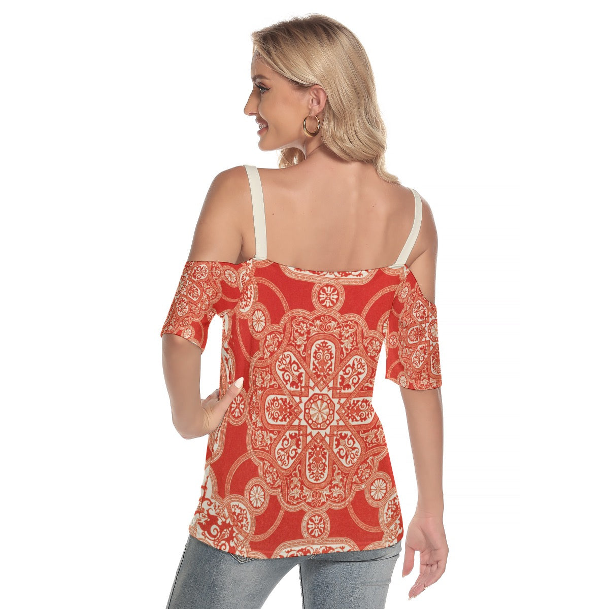 Sir Matthew Digby Wyatt Table cover from the Industrial arts of the Nineteenth Century (1851-1853) Women's Cold Shoulder T-shirt With Criss Cross Strips