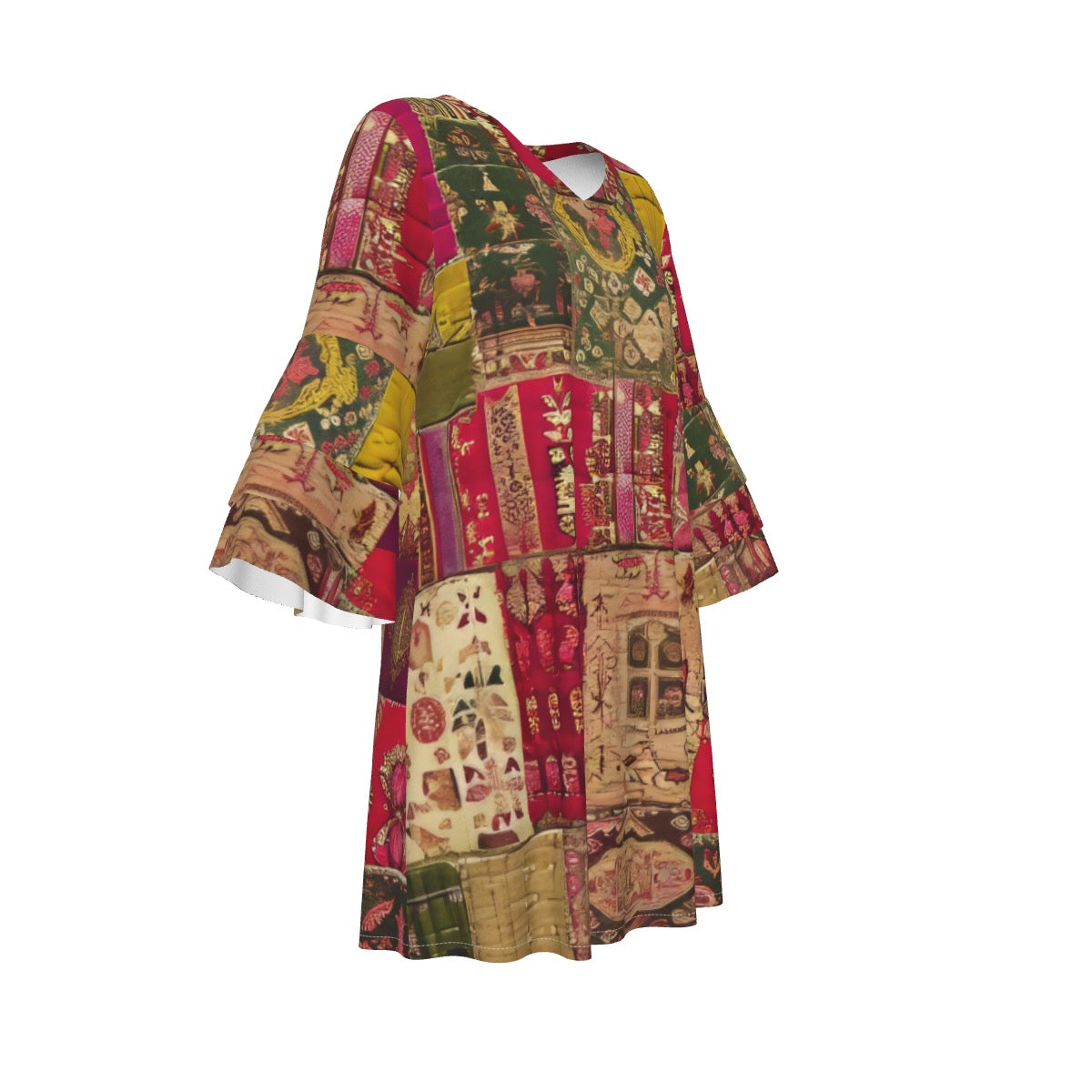 Indian Silk Patchwork, Women's Stacked Ruffle Sleeve Dress