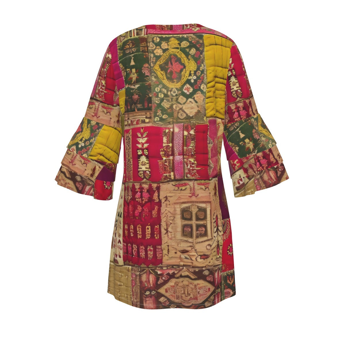 Indian Silk Patchwork, Women's Stacked Ruffle Sleeve Dress