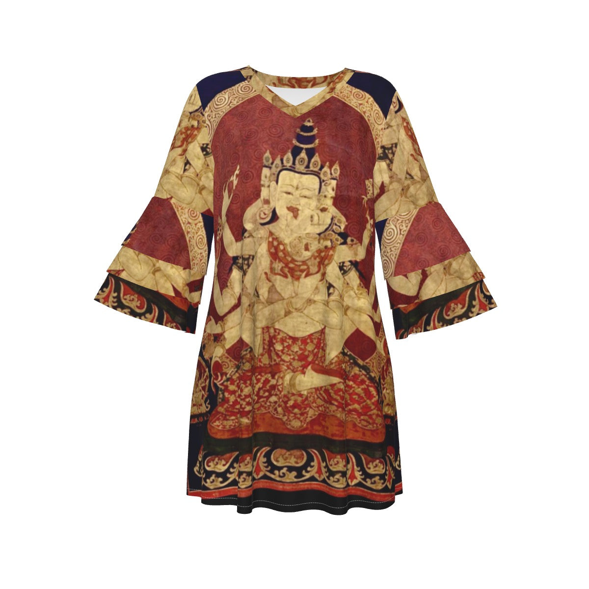 17th Century (1650) Tibeten Thanka of Guhyasamaja Akshobhyavajra, Women's Stacked Ruffle Sleeve Dress