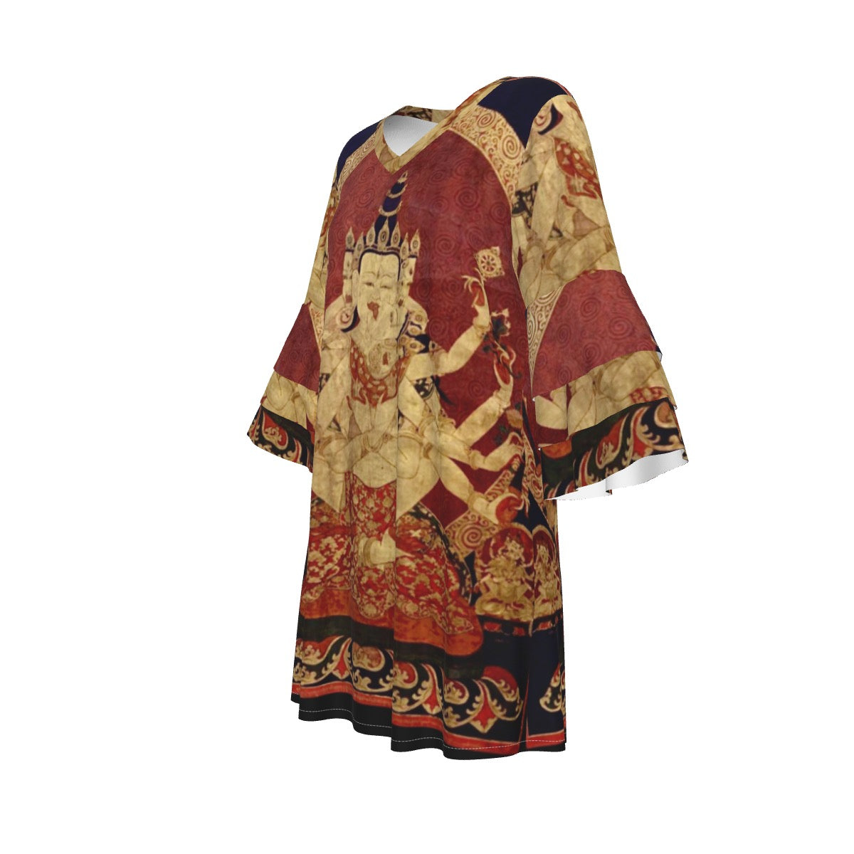 17th Century (1650) Tibeten Thanka of Guhyasamaja Akshobhyavajra, Women's Stacked Ruffle Sleeve Dress