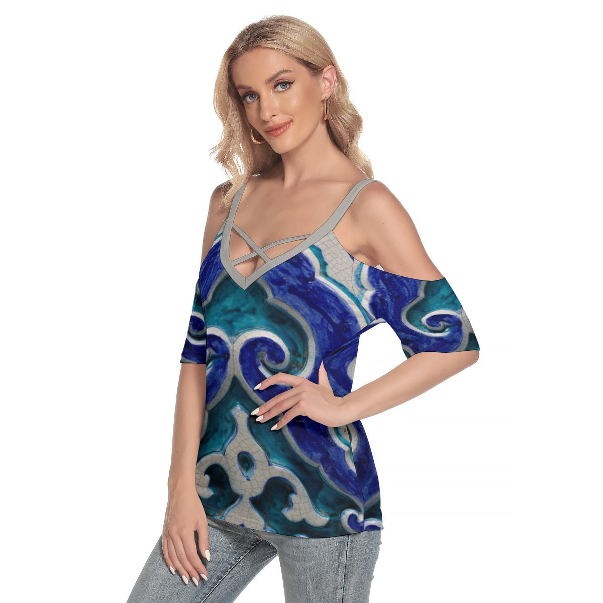 18th Century Blue and Turquoise Decorative Tile Women's Cold Shoulder T-shirt With Criss Cross Strips