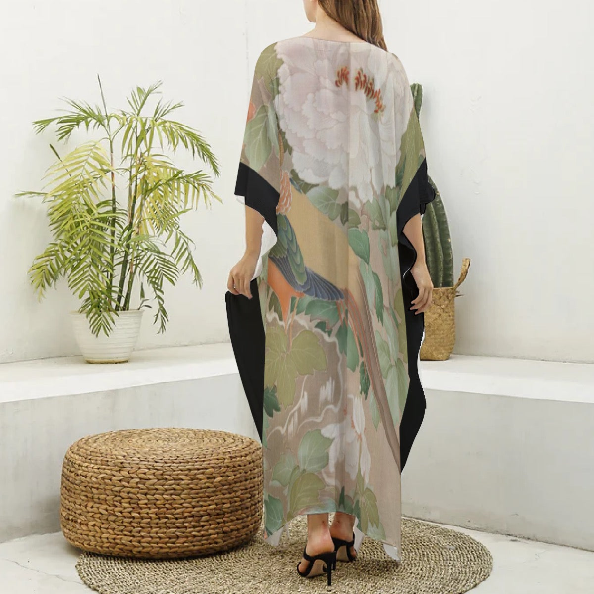 Early 19th Century Kimono, Pheasants amid Peonies-Authentic 19th Century Japanese Kimono Print on Women's Imitation Silk V-neck Kaftan Robe