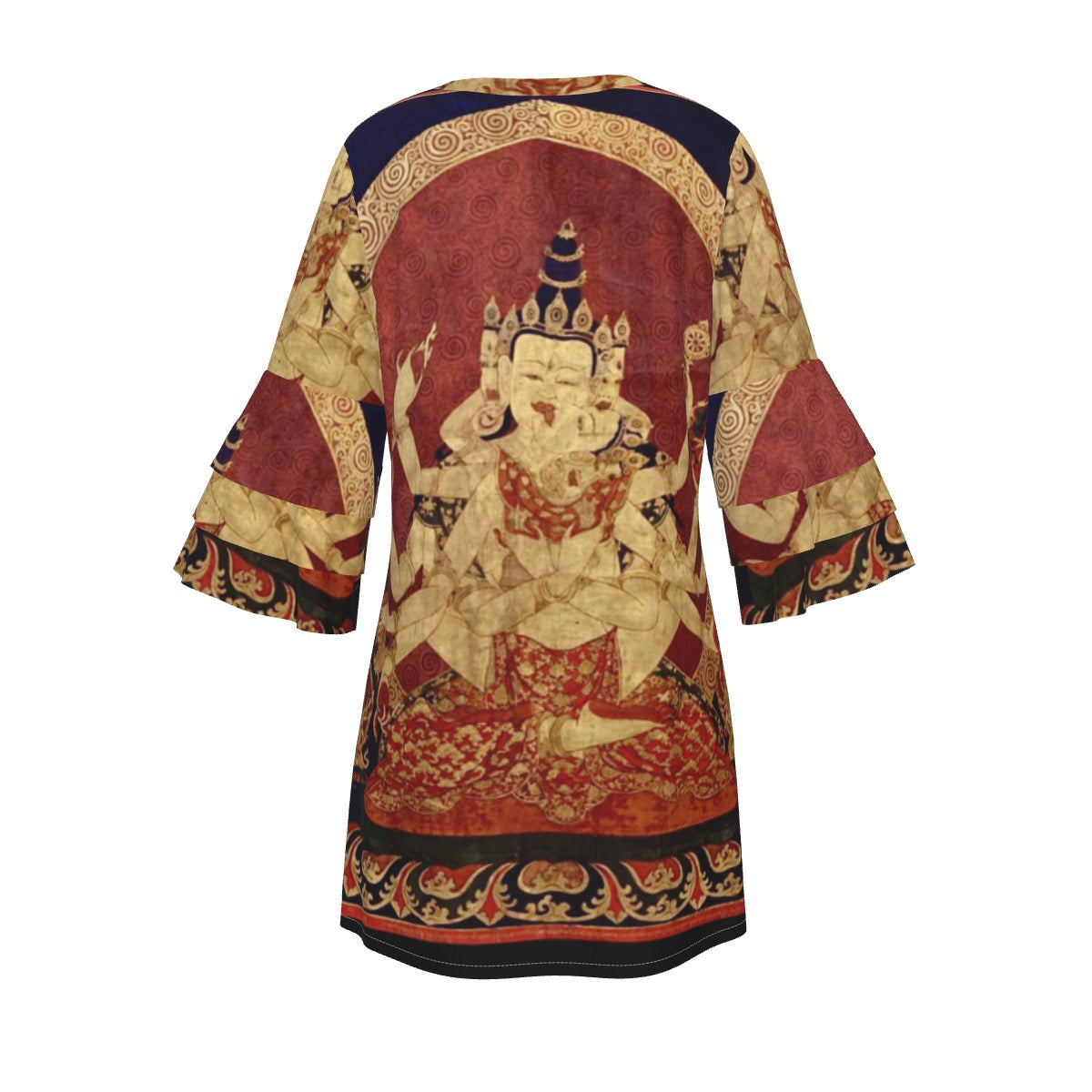 17th Century (1650) Tibeten Thanka of Guhyasamaja Akshobhyavajra, Women's Stacked Ruffle Sleeve Dress