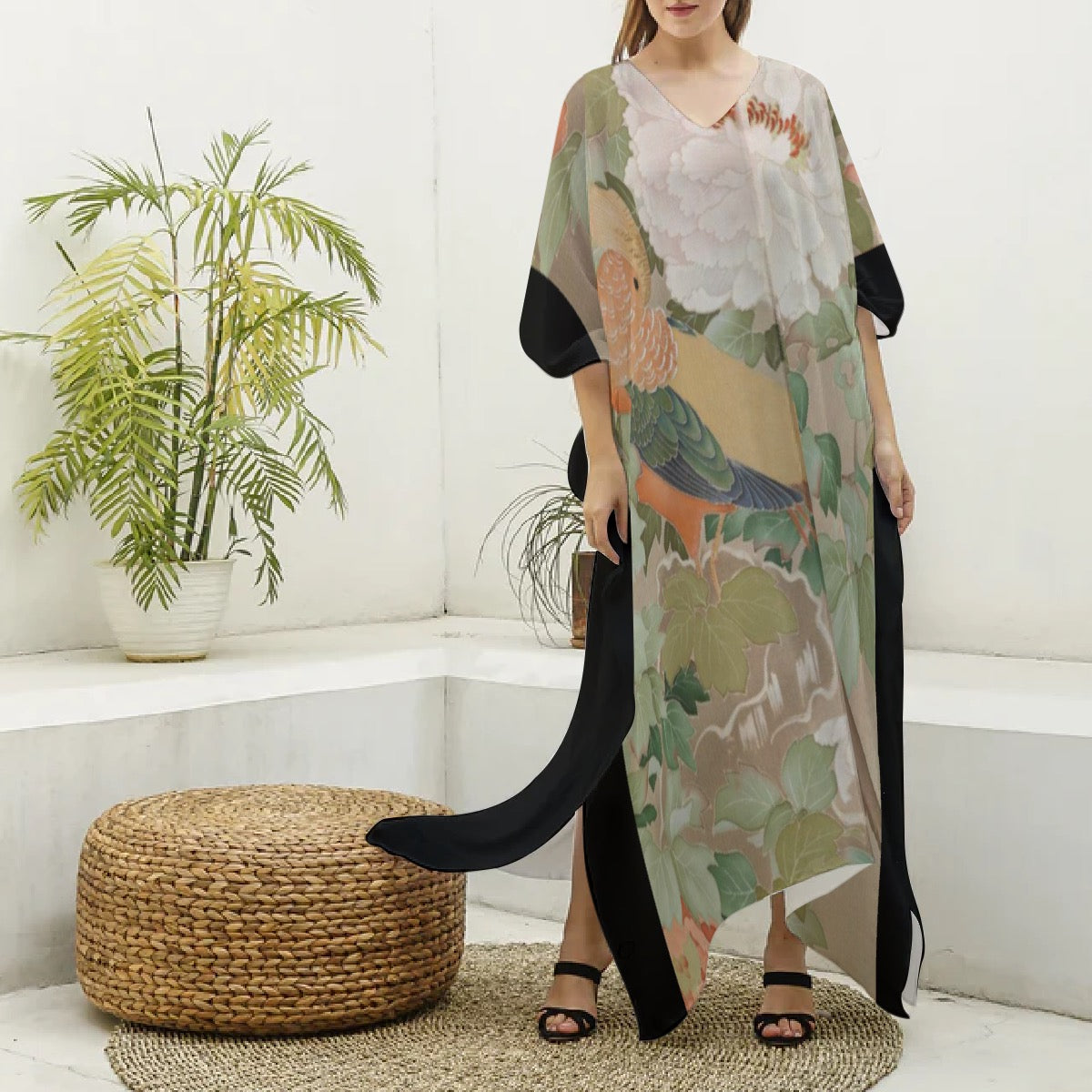 Early 19th Century Kimono, Pheasants amid Peonies-Authentic 19th Century Japanese Kimono Print on Women's Imitation Silk V-neck Kaftan Robe