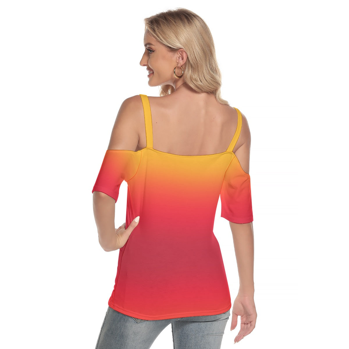 Tequila Sunrise Women's Cold Shoulder T-shirt With Criss Cross Strips