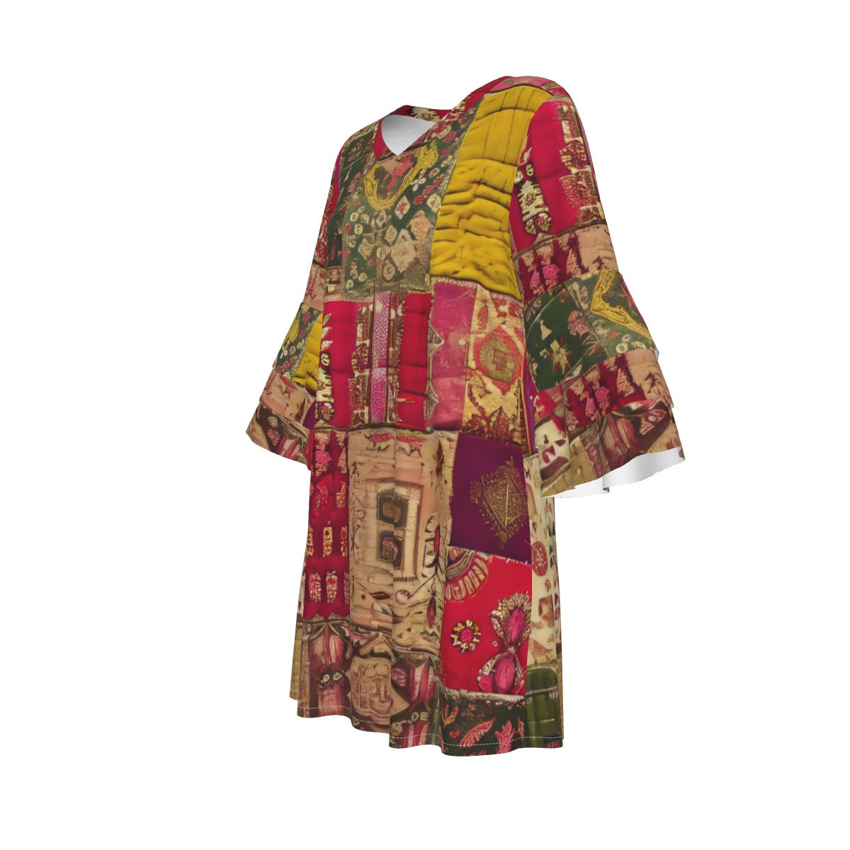Indian Silk Patchwork, Women's Stacked Ruffle Sleeve Dress
