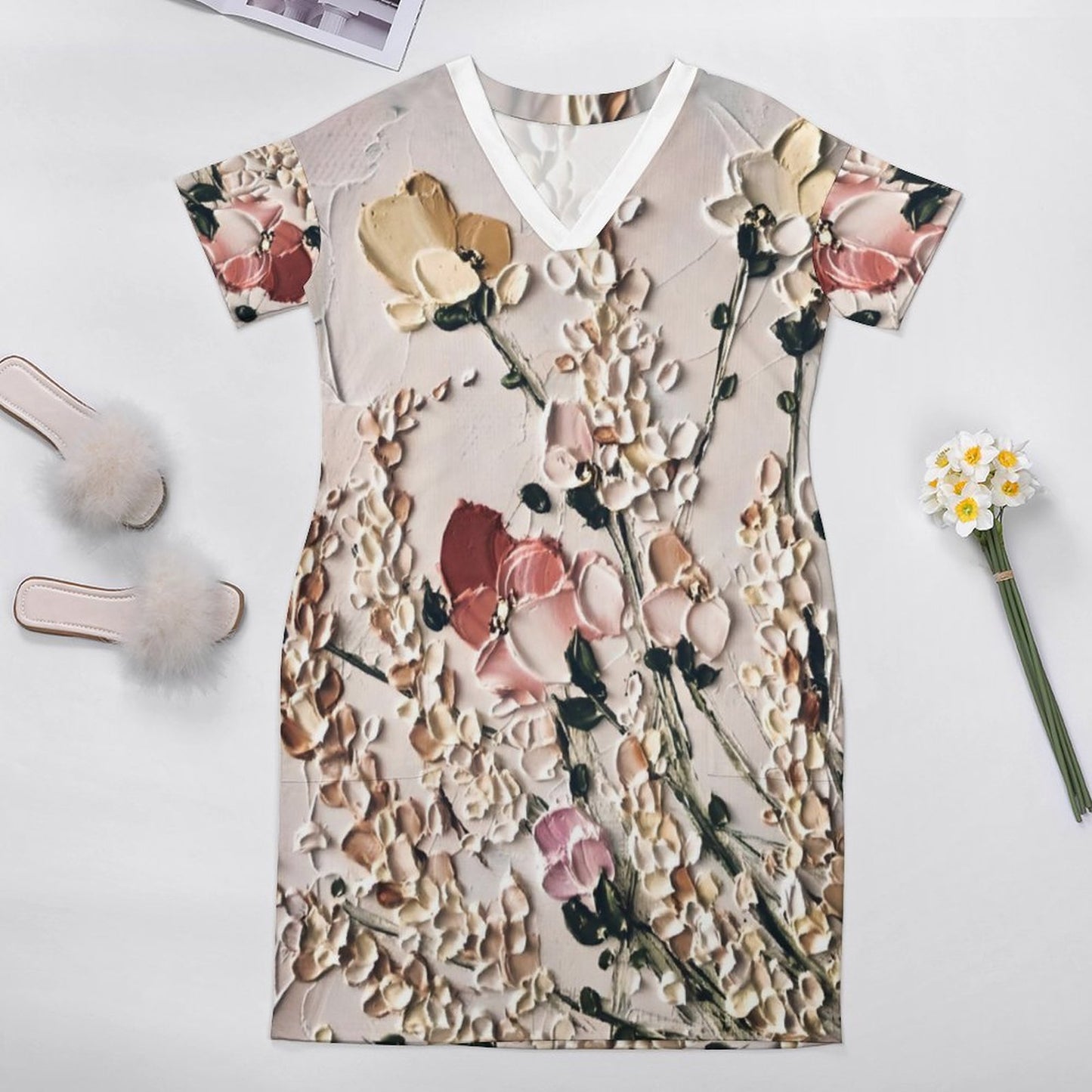 Frosting Flowers V-Neck Baggy Dress with Pocket